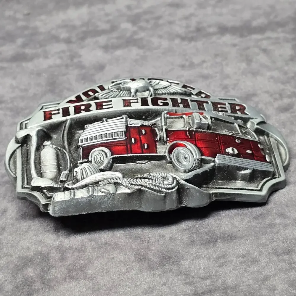Vintage Silver & Red Volunteer Fire Fighter Engine Pewter High End Belt Buckle